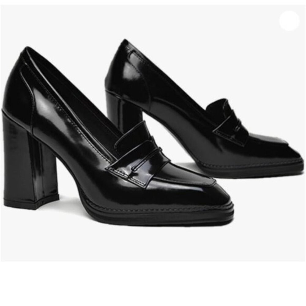 Classic Black Patent Block Heel Loafers